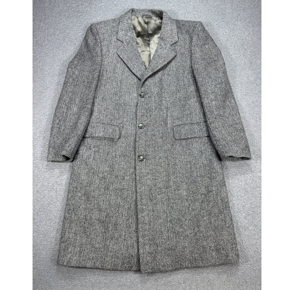 Vintage Sears Harris Tweed Overcoat Men's 42 Herringbone Virgin Wool Scotland